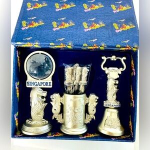 Vintage Singapore Travel Souvenir Barware Set Silver Tone Mini Global Bell Fork